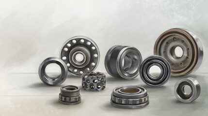 Obraz premium Industrial Precision Metallic Bearings Illustrated in Cool Grey Tones Minimalist Design