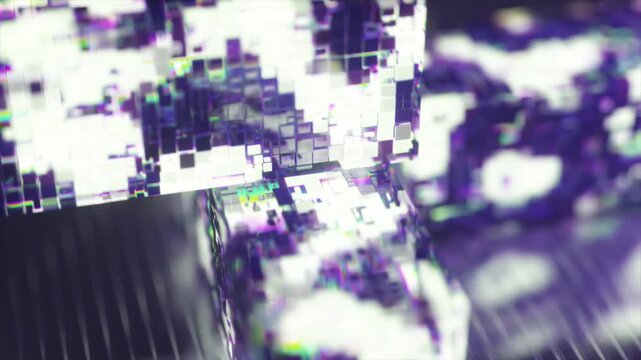 Futuristic purple and white blocks with glitching pixelated textures slowly floating and rotating in a digital environment, representing concepts of data, technology, and information systems