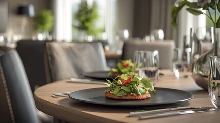 Fototapeta premium Modern dining setting with minimalist design and fresh salad plates in bright room
