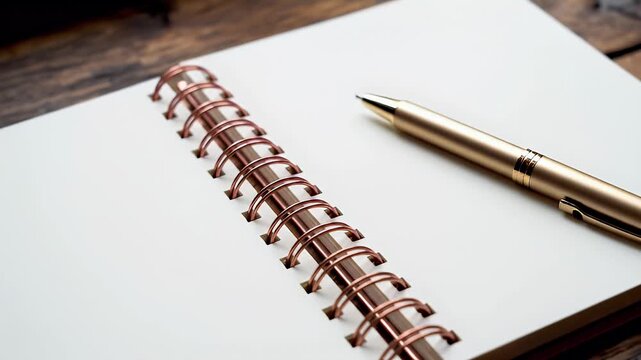 Open blank notebook with rose gold spiral binding on textured wood