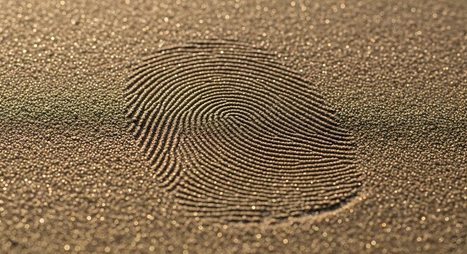 A single fingerprint impression is clearly visible impressed into a textured, golden-brown granular surface.