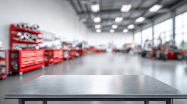 modern industrial workshop with a metal table in the foreground