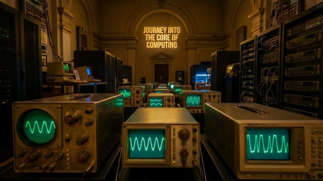 A dimly lit historical technology exhibit showcasing numerous vintage oscilloscopes displaying bright green sine waves converging toward a central illuminated computing sign.