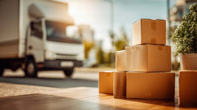 Moving day with cardboard boxes and a moving truck