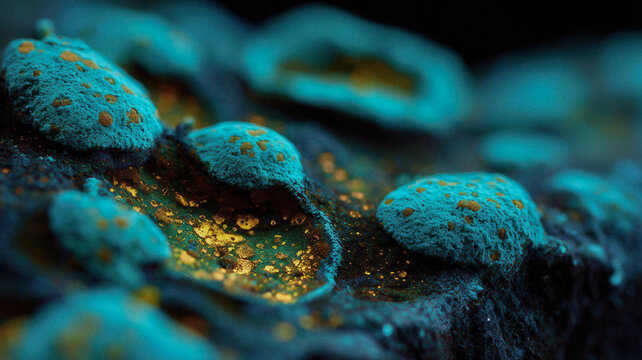 Macro closeup of teal and gold lichen and fungus texture background for abstract nature wallpaper and surface design