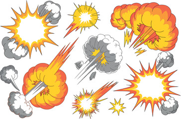 Obraz premium Collection of comic book explosion and smoke effects, fire burst and lightning, dynamic action illustrations. Vector illustration