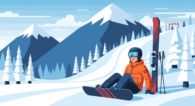 Young snowboarder in orange jacket resting on snowy mountain slope.