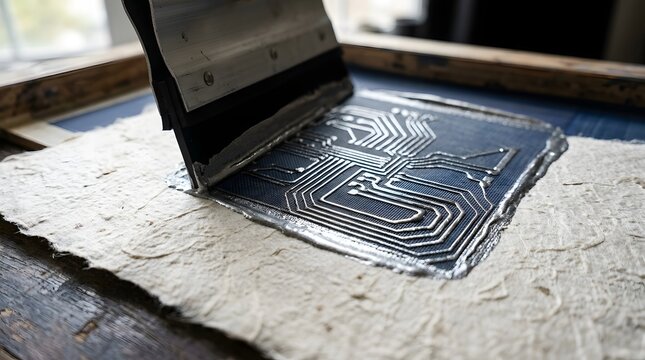 A close-up view of a screen printing process, applying a metallic circuit board design onto handmade paper using a squeegee tool.