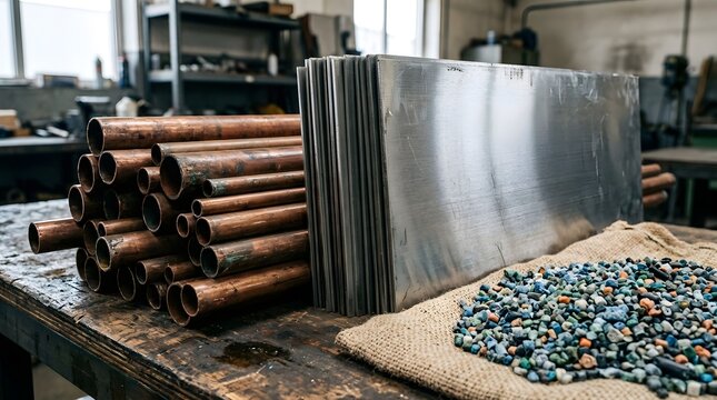 Assortment of raw industrial materials including copper pipes, metal sheets, and colorful plastic pellets ready for recycling.