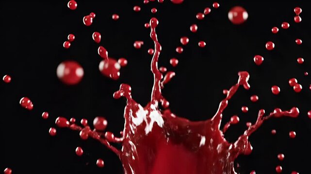 Close-up of red liquid splashing and dripping against a black background
