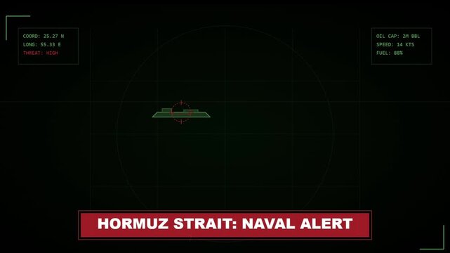 Hormuz Strait Naval Alert Military HUD Interface Tracking Oil Tanker Target with Radar Display and High Threat Level News Graphic animation 