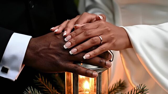 Intertwined hands of an African American man and a Caucasian woman rest gently on a lantern, highlighting wedding rings and manicured nails, with greenery enhancing the intimate atmosphere