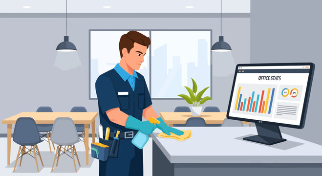 Man cleaning office desk with spray bottle and cloth.