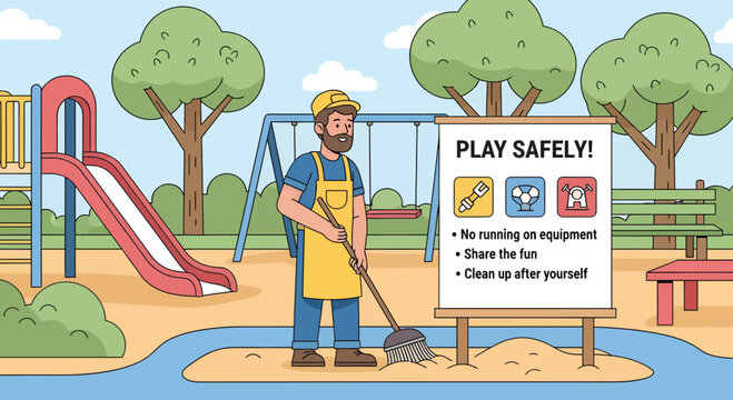 Playground supervisor cleaning sandbox with shovel and broom.
