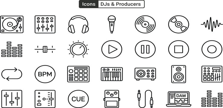 A comprehensive vector icon set featuring essential equipment and tools for professional DJs, music producers, and audio engineers, perfect for digital media projects