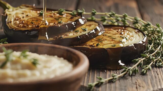 Sliced roasted eggplant with thyme and a creamy dip in a bowl