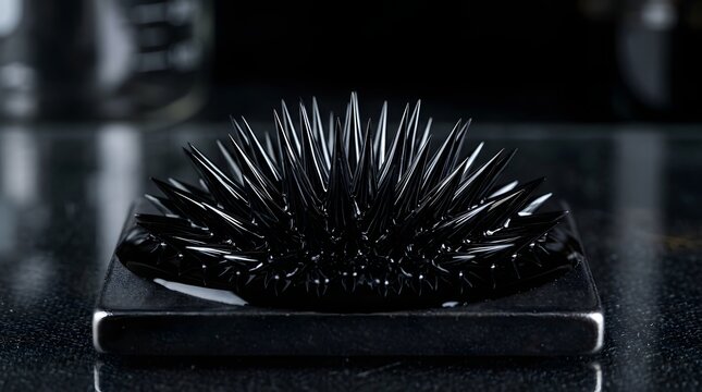 Striking demonstration of ferrofluid creating sharp black spikes under magnetic field influence closeup