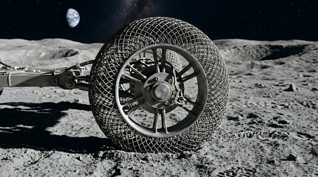 An advanced metallic mesh wheel, designed for space exploration vehicles, expertly navigates the challenging, cratered terrain of a lunar landscape.