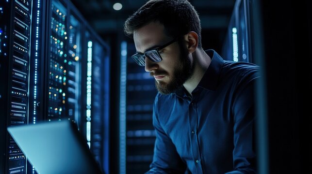 workstation. Professional at workstation with blurred server rack background, exuding focus in a technical environment. product launch decks.