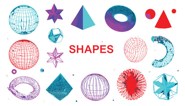 Geometric Harmony: A vibrant graphic showcasing a spectrum of geometric shapes, including spheres, pyramids, and stars, each imbued with unique textures and colors, all arranged against a clean.