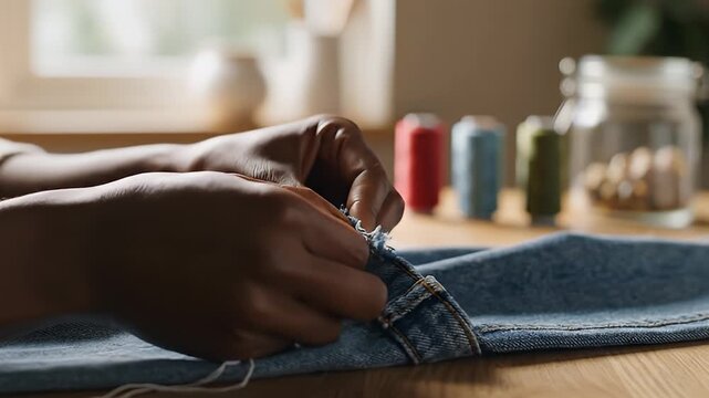 Person sewing on denim fabric.