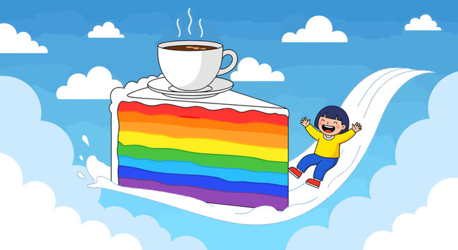 Child sliding down rainbow cake with coffee.