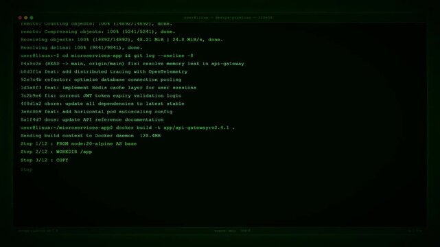 DevOps software development pipeline running automated tests and microservices build in linux terminal.