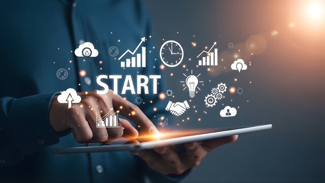 Startup concept with icon business and network connection on modern virtual interface from digital tablet.man touching on tablet.
