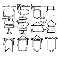 Collection of hand-drawn vintage wooden signpost and banner elements, ideal for direction, travel, rustic, and decoration themed designs. © sketsa