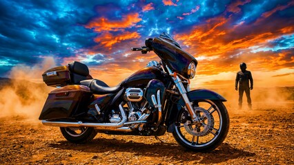 Obraz premium A powerful touring motorcycle featuring deep iridescent paint rests on rugged terrain beneath a dramatic, vibrant sunset sky.