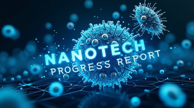 A vibrant illustration of nanotechnology with blue viruses and the text 'Nanotech Progress Report' displaying a futuristic theme.