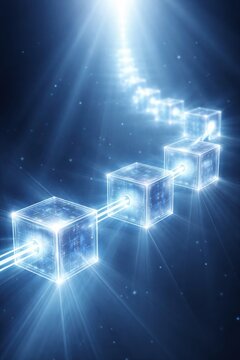 Glowing transparent cubes connected by lines illustrate blockchain technology, symbolizing data flow and secure transactions in a futuristic digital space