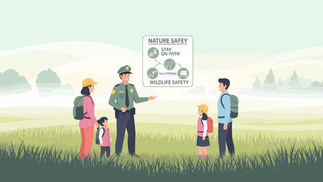 Park ranger teaching children about nature safety rules.