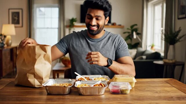 Man happily unpacking a paper bag filled with various takeout food containers on a wooden table