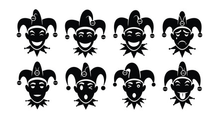 Fototapeta premium Collection of black silhouette jester faces displaying various expressions