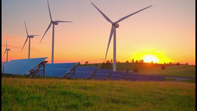 Rows of solar panels and wind turbines in countryside field at sunset. Concept of renewable energy, sustainable technology and clean electricity production