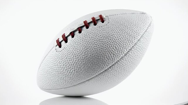 Close up of a white, pebbled football with red laces on a white background