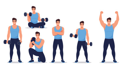 Fototapeta premium Muscular man in blue workout gear performing various strength training exercises with dumbbells and kettlebells in different poses.