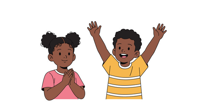 Happy African American children celebrating with joyful expressions including a young girl clapping and a boy raising his hands up high.