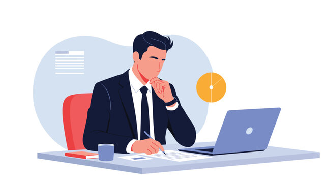 Focused professional businessman sitting at his desk working on a laptop while taking notes on important project documents.