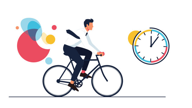 Successful businessman riding a bicycle to work with a large clock in the background symbolizing time management and speed.