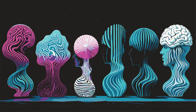 Abstract Brains and Thought Forms: A captivating conceptual illustration showcasing a series of abstract head forms, with a brain, in vibrant colors.