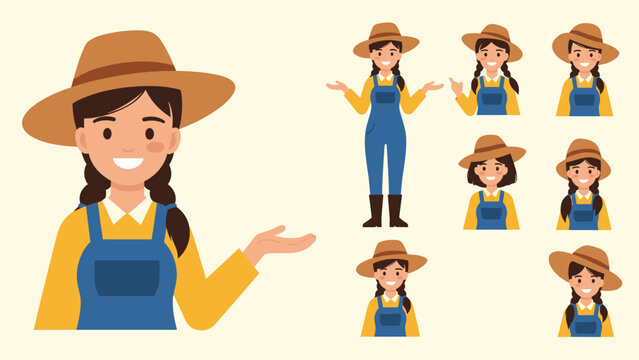 Female farmer character collection wearing a straw hat and denim overalls with various facial expressions and presentation poses.