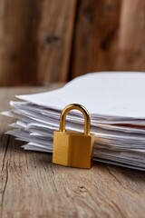 Naklejka premium Gold padlock securing stack of documents on wooden surface
