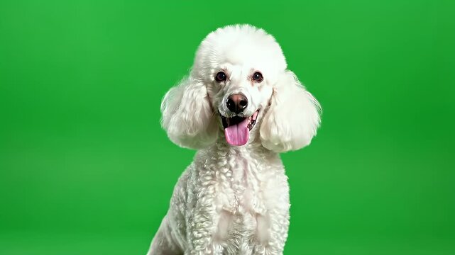 A white poodle with a fluffy coat smiles, tongue out, against a green backdrop