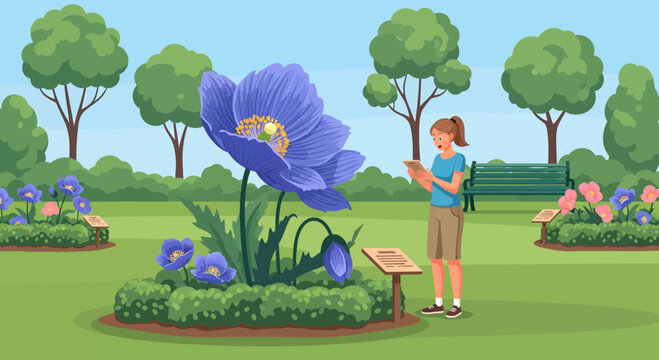 Woman admires giant blue poppy flower in garden.