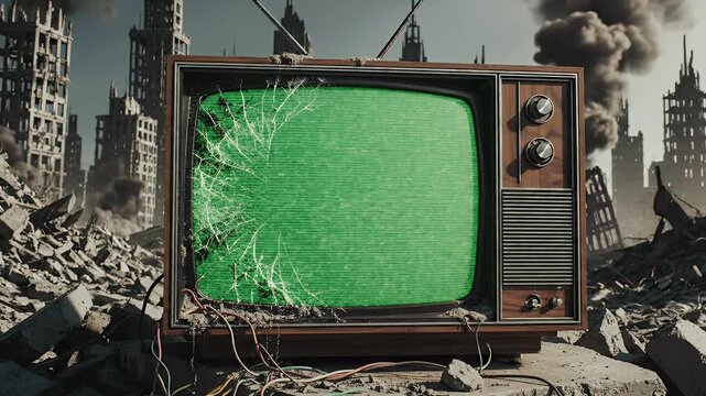 Old television with shattered screen displays static amidst destroyed city ruins