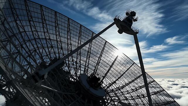 Massive parabolic dish antenna silhouetted against a blue sky with clouds