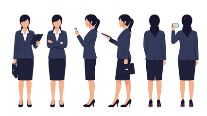 Obraz premium Professional businesswoman shown from multiple angles including front and back views for various corporate use cases.