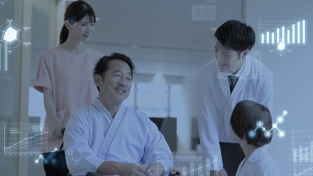 AIデータ分析を活用した医療チームの先進医療や予防医療などのテクノロジーやデータ分析、未来や希望のなどのイメージの動画　医師と患者の会話とモーショングラフィックス付き 白